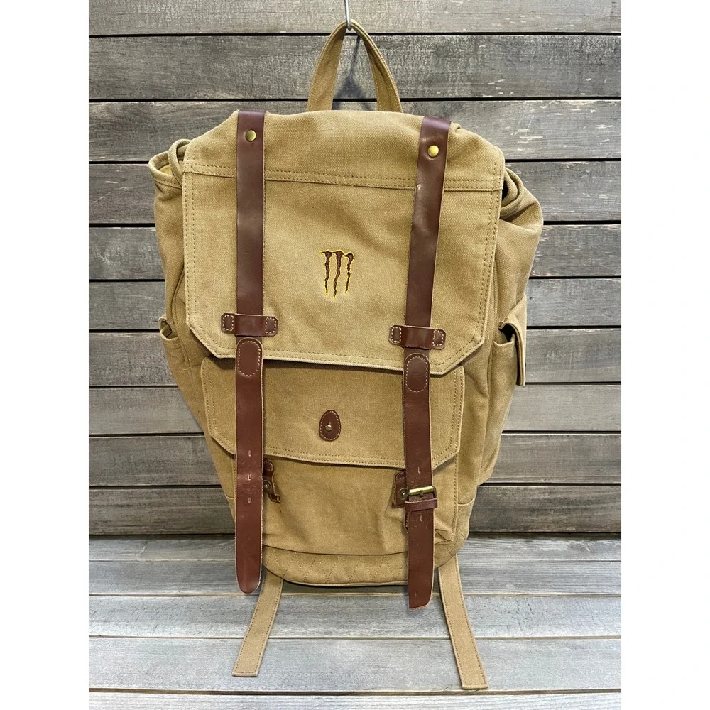 Monster Energy Canvas Backpack Tan Brown Rucksack Limited Edition Promo ~Flaw